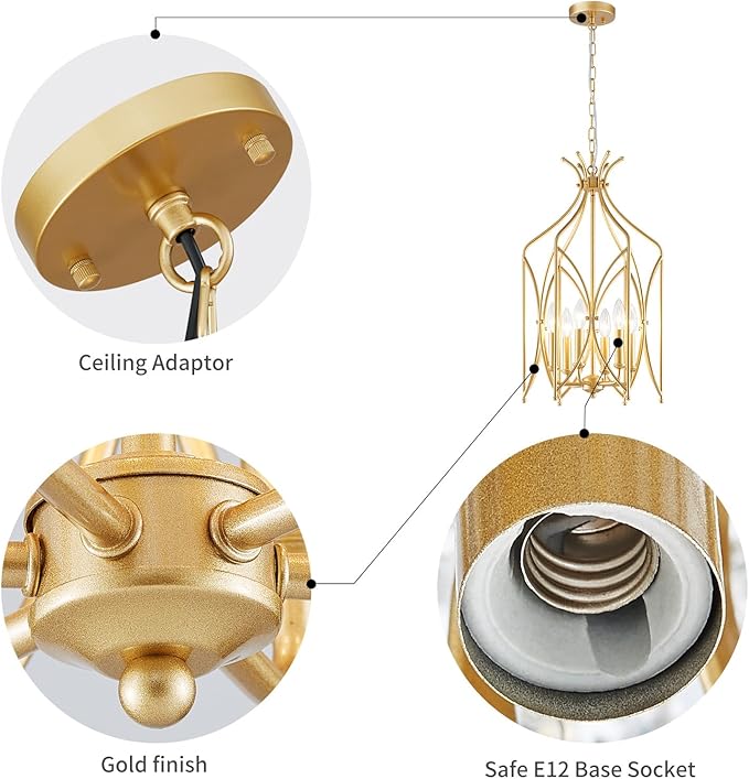 WUZUPS Lantern Pendant Chandelier Rustic Metal Cage Light Modern Lighting Fixture for Kitchen Diningroom Bathroom Livingroom, H 25.4" x W 14.2", E12 Base, Gold