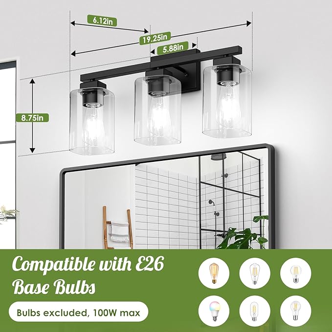 BesLowe 3-Light 19" Bathroom Light Fixture, Modern Black Vanity Light, Bathroom Lighting Fixtures Over Mirror, Matte Black Wall Sconce Lamp, Wall Lights for Living Room Bedroom Hallway