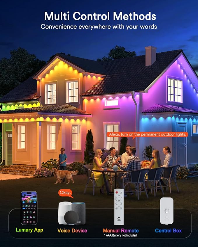 Lumary Permanent Outdoor Lights 2 with Remote, Slide-Base, 100ft with 60 RGBAICW LEDs for House Daily & Accent Lighting, 110+ Scene Modes for Christmas Outdoor Decor, Work with Alexa Google, White