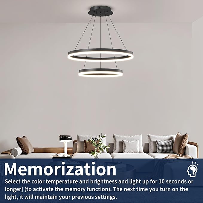 2 Ring Dimmable LED Modern Chandelier, Adjustable Hanging Foyer Pendant Light for Kitchen Island, Living Room, Entryway, 3000K-6500K Black Ceiling Pendant Light Fixture Over Dining Table Lighting