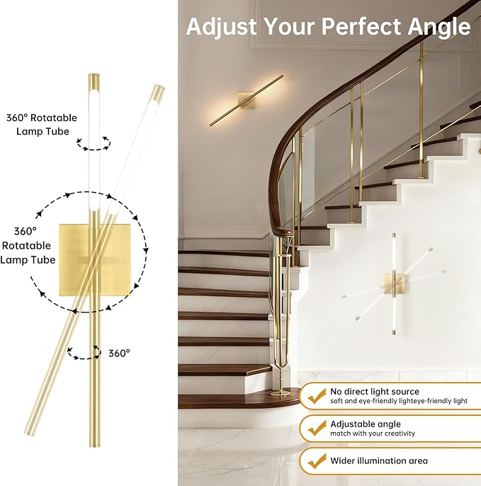 Shenmoyl Battery Operated Wall Sconce Set of 2, 8000mAh Wireless Wall Sconces, 3000K-6000K Dimmable, 350°Rotate, Indoor Wall Lights for Bedroom Living Room Bathroom, Gold, 23.6 Inch