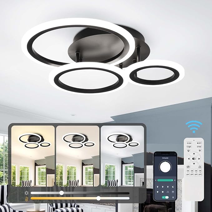 Acrylic Modern Led Ceiling Light 3 Rings Black Ceiling Light Fixture Dimmable Flush Mount Ceiling Light with Remote Control for Bedroom Dining Room Kitchen Office Lamp