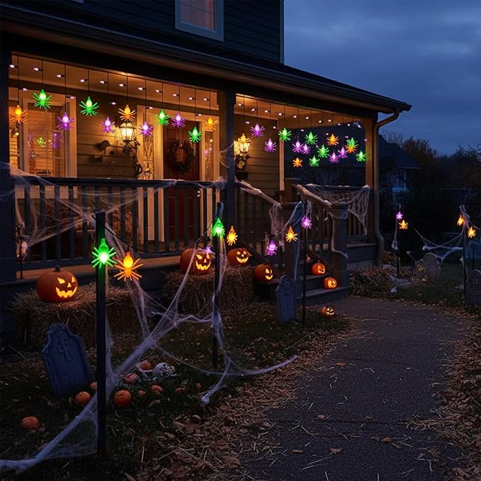 Halloween Spider String Lights Outdoor, 25 Mini Curtain String Lights with 10 Colorful Spider Lights, 7.5Ft Summerween Decoration Light for Window Patio Stair Halloween Decor