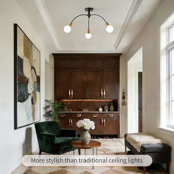 Modern Bedroom Semi Flush Mount Ceiling Light Fixture,Mid Century 3 Light Gold and Black Sputnik Chandelier for Laundry Room Dining Room Kitchen Island Hallway Foyer