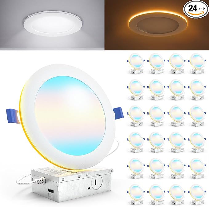 Sunco 24 Pack 6 Inch LED Recessed Light with Night Light, Canless Recessed Lighting, 1500 LM, 15W (150W Equivalent), Selectable CCT 2700K/3000K/4000K/5000K/6000K, Dimmable, with Junction Box