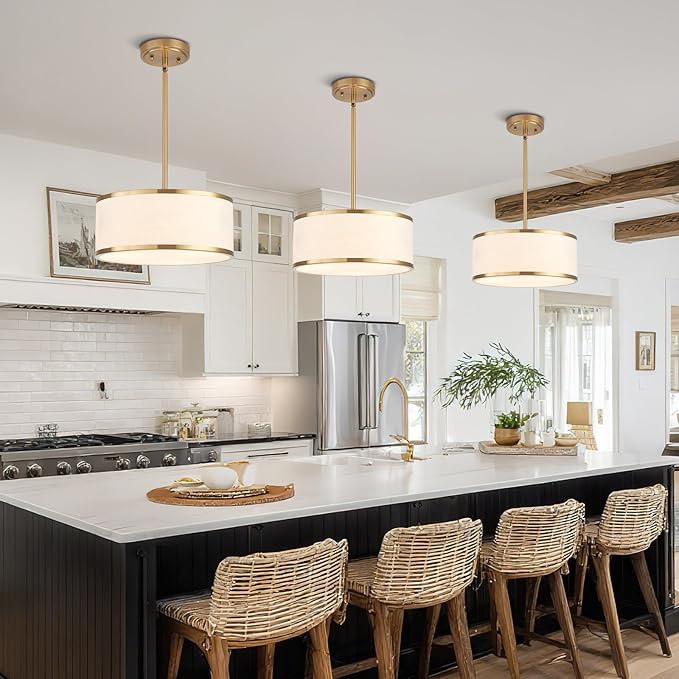 12.6" Drum Pendant Light Fixture 3-Light Gold Chandelier with Fabric Shade for Kitchen Dining Room Island Bedroom