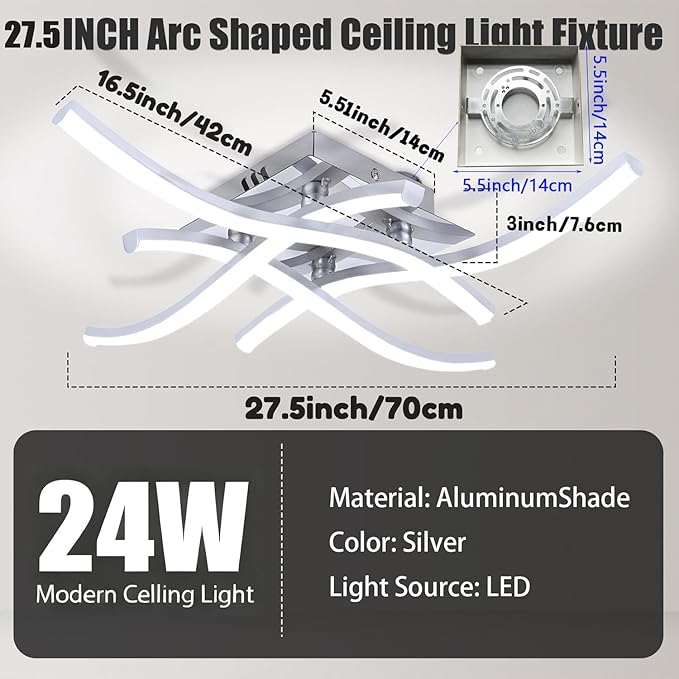 27.5 Inch Modern LED Ceiling Light Fixture, 24W Curved Wave Ceiling Lamp for Bedroom, Kitchen, Hallway, Foyer Library Dining Room Silver Modern Ceiling Light Fixture