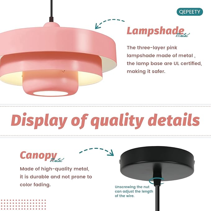 Pink Mid Century Chandelier, Adjustable Pendant Light with 59" Cord, Nordic Flush Mount Ceiling Fixture for Girls Bedroom, Apartment, Cafe, Dining Room