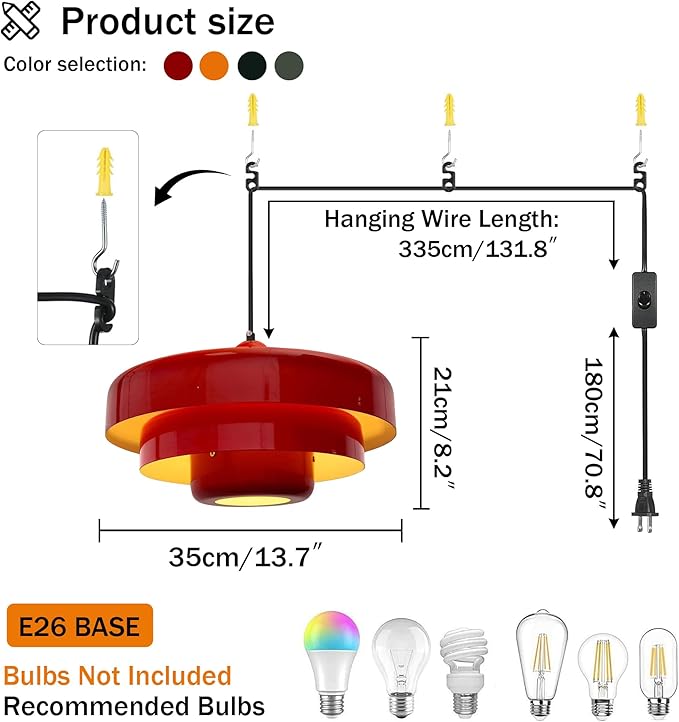 Hanging Lamp Plug in Red Pendant Light Fixtures Mid Century Modern Pendant Lamp Nordic Style Pendant Lighting Metal Shade for Living Room Dining Room Bedroom Kitchen Island
