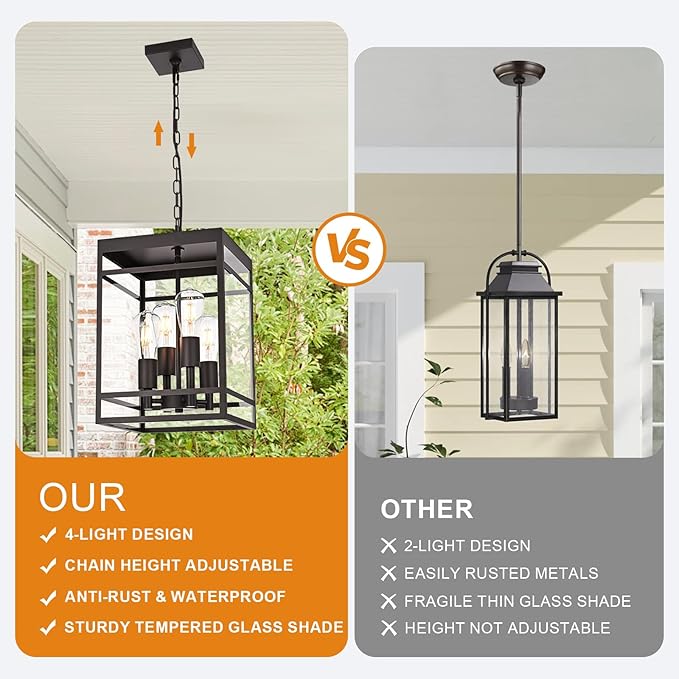 VINLUZ 4-Light 16" Outdoor Pendant Light with Adjustable Chain, Oil Rubbed Bronze Outdoor Hanging Light Fixture, Exterior Hanging Lantern Chandelier for Entryway Patio Garden