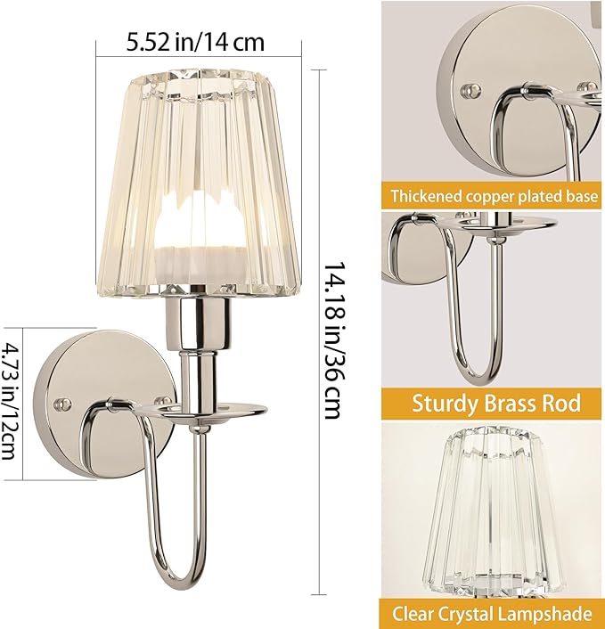 Battery Operated Wall Sconces Set of 2 – 5200mAh Rechargeable Crystal Glass, 15 Colors & 10-Level Dimmable, Wireless Wall Lights for Living Room & Bedroom,Sliver