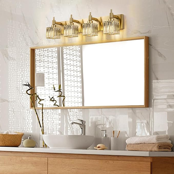 Gold Bathroom Light Fixtures, 4-Lights Crystal Bathroom Vanity Light Over Mirror Modern Gold Crystal Wall Light