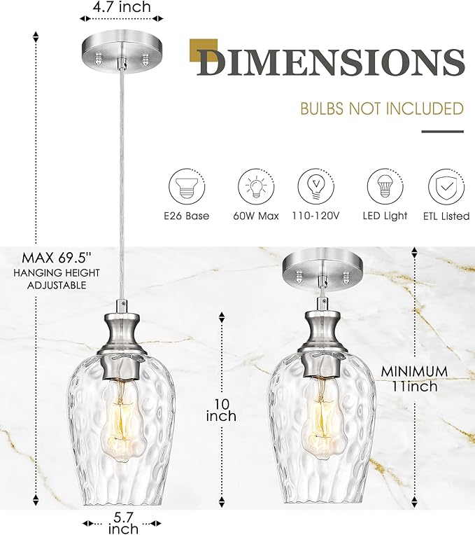 Pendant Lights Kitchen Island, Modern Brushed Nickel Hanging Lights Fixtures with Hand-Blown Hammered Clear Glass, Farmhouse Kitchen Island Lighting Over Sink, AD-24027-1P-SN