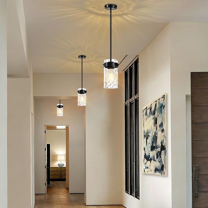 4.72" Hammered Glass Pendant Lighting for Kitchen Island 1 Pack, Modern Black Pendant Light Fixtures, Adjustable Ceiling Pendant Light for Kitchen Island Dining Room Bedroom Hallway