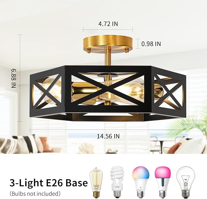 Semi Flush Mount Ceiling Light, Black and Gold Light Fixtures Ceiling Mount with Hexagon Cage, Metal Industrial Close to Ceiling Light for Hallway, Kitchen, Bedroom (Black and Gold, 14.56''L)