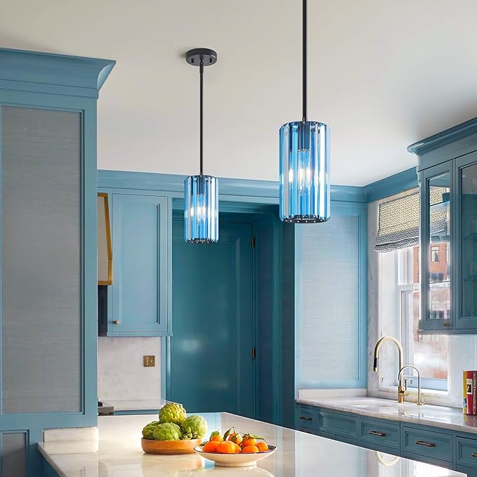 Modern Crystal Pendant Light Mini Light Blue Chandeliers Adjustable Pendant Lights Fixture for Kitchen Island Dinning Room Corridor Bedroom(Light Blue 3-Pack)