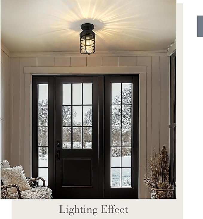 Emliviar Black Semi Flush Lights for Entryway, 2-Pack Rustic Light Fixtures Ceiling Mount with Water Ripple Glass Shade, GE255LF-2PK BK-WG