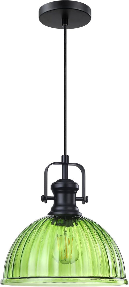 Leading Lighting 1 Light Pendant Light Hanging Modern Farmhouse Indoor Fixture 10" Green Textured Glass Black Finish Dinning Over Sink Kitchen Island