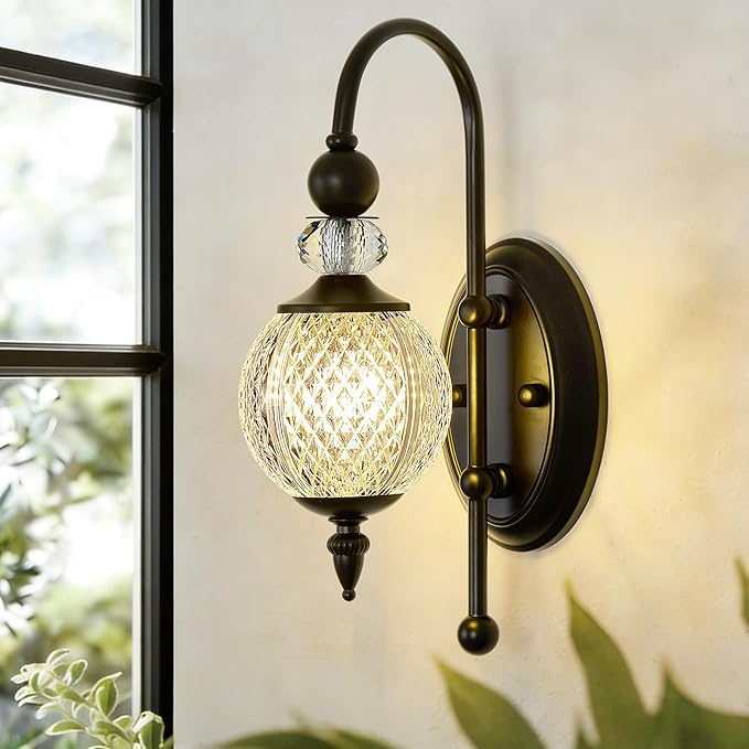 Vintage Black Wall Sconce with Acrylic Globe Shade Indoor Wall Light for Bathroom Bedroom Hallway Farmhouse