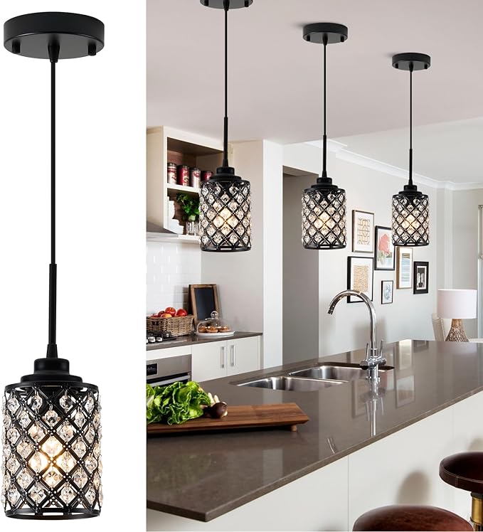 Black Pendant Light Fixtures,1-Light Modern Industrial Pendant Lights Kitchen Island, Matte Finish Hanging Lighting K9 Crystal Mini Chandelier for Dining Room,Hallway,Bedroom,Foyer（1 Pack