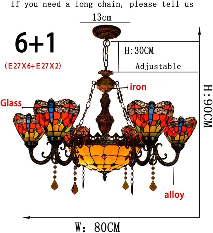 Tiffany-Style Victorian 6-Light Parrot Chandelier, European Red Dragonfly Stained Glass Multi-Head Pendant Lamp Fixture Ceiling Hang Light for Living Room Villa Dining Room,Dragonfly