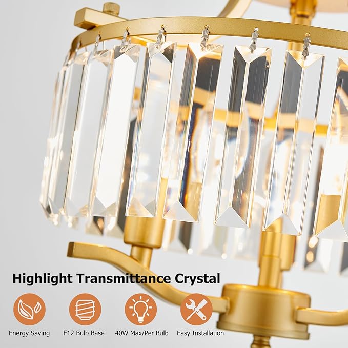 12.2'' Modern Gold Crystal Ceiling Light Fixture Farmhouse 3-Light Semi Flush Mount Drum Chandelier for Dining Room, Bedroom, Kitchen, Hallway, Entryway, Foyer, E12 - MJ055GD