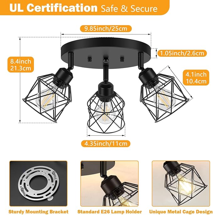 3-Light Kitchen Flush Mount Ceiling Light, Adjustable Multi-Directional Ceiling Light Fixture, Farmhouse Black Metal Cage Close to Ceiling Lamp for Dining Room Bedroom Hallway