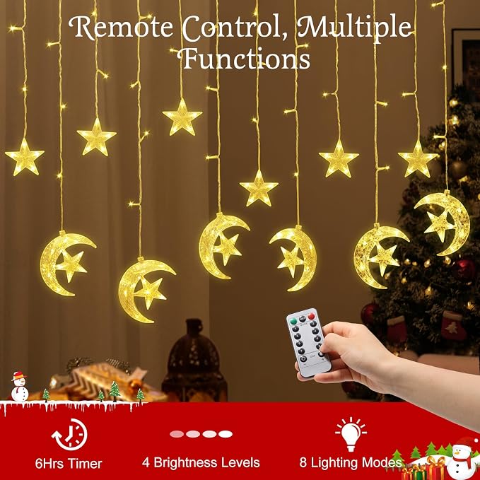 Lewondr 138 LED Star Moon String Curtain Lights, Hanging Fairy Lights with 6H Timer&8 Modes, USB & Remote Control Ramadan String Lights for Christmas Bedroom Wedding Party Xmas Indoor Decor,Warm Light