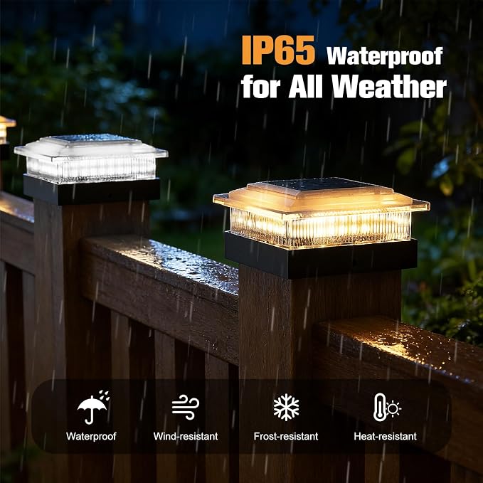4x4 40 Lumens Post Solar Lights 6 Pack, Fence Post Solar Lights 4 Lighting Modes Solar Post Cap Lights for 4x4 3.5x3.5 Wood/Vinyl Posts, IP67 Waterproof Post Lights for Fence Mailbox Porch Post