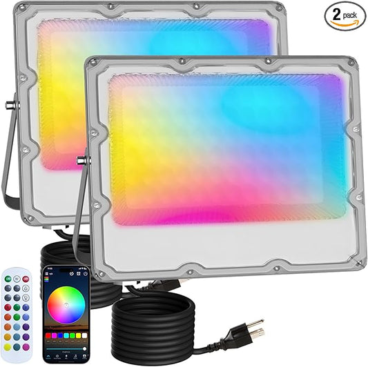 RGB LED Flood Lights Outdoor, 50W (400W Equivalent) Color Changing Smart Lights, 5000LM, Bluetooth App & 2.4G Remote Control, IP66 Waterproof, Music Sync, Timer, 16 Million Colors(2-Pack)