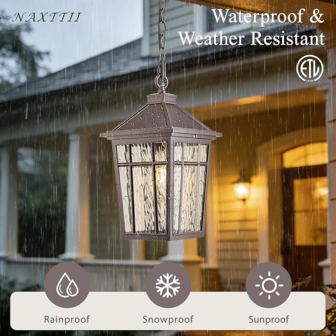 Dusk to Dawn Outdoor Hanging Lantern Lights 15.2 Inch Large Porch Pendant Lights for House Doorway Aluminum Waterproof Outdoor Pendant Light with Water Ripple Glass E26 Socket
