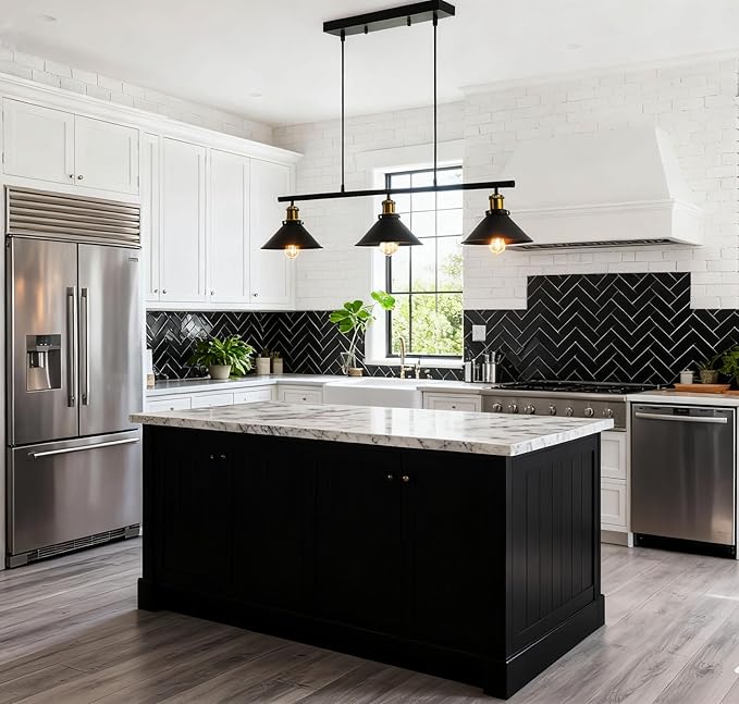 3-Light Kitchen Island Pendant Light Fixture, Farmhouse Linear Hanging Lighting, Industrial Chandelier with Matt Black Finish for Kitchen, Bar, Dining Room, Pool Table