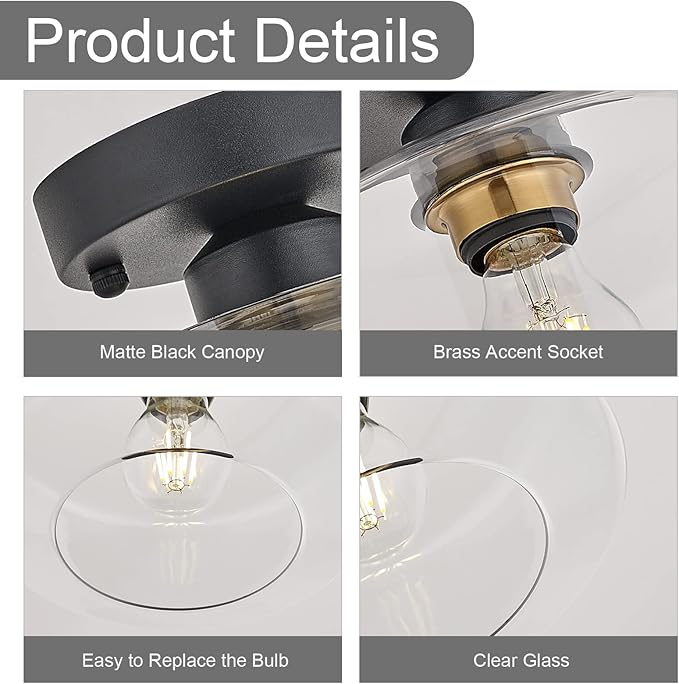 BISAMIYA Modern Semi Flush Mount Ceiling Light - Matte Black with Brass Accent & 8.66” Clear Glass Shade - for Kitchen, Dining Room, Hallway & Entryway