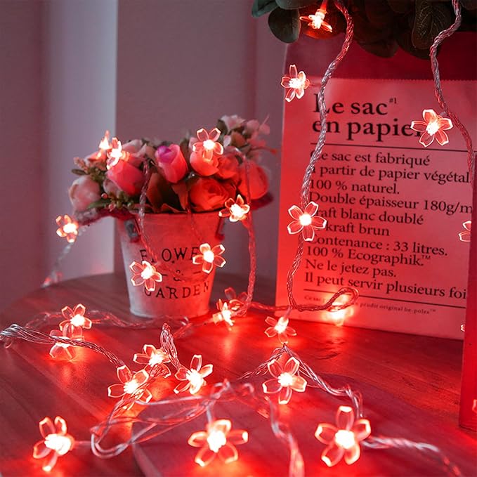 Battery & USB Operated 10ft Red Cherry Blossom Flower Fairy Lights String | Cute Flower String Lights With Timer For Bedroom, Party, Wedding, Christmas, Easter Tree Branch Hanging Romantic Decorations