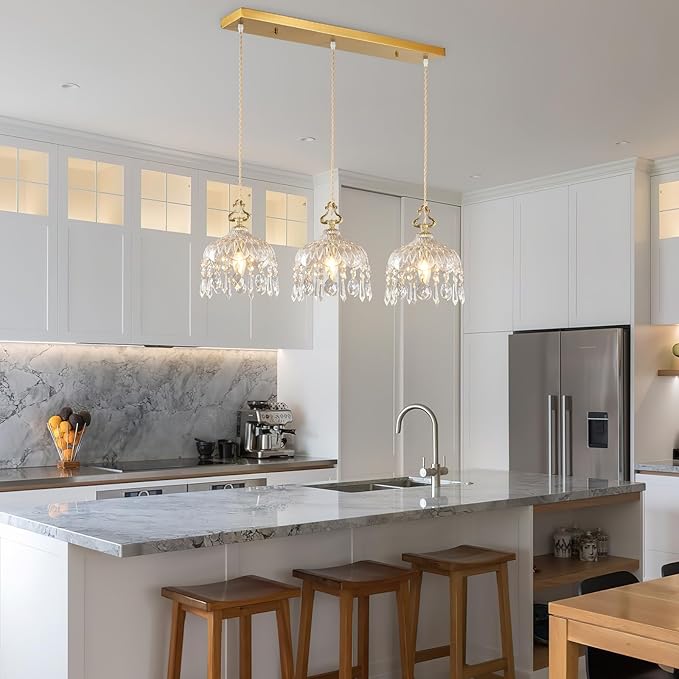 3-Light Pendant Light Fixtures Brass Vintage Glass Pendant Lights Crystal Hanging Light Fixtures,Adjustable Height Pendant Lighting for Dining Room Living Room Bedroom Hallway(Long Chassis)