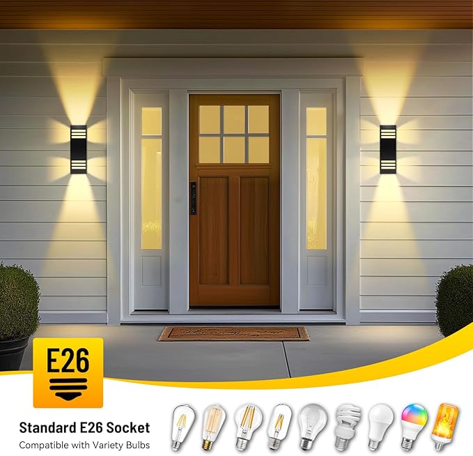2-Pack Modern Outdoor Wall Lights, IP65 Waterproof Up & Down Porch Light Fixtures with E26 Bulbs, Aluminum Wall Sconces for Garage, Patio, Entryway, 2700K Warm Light