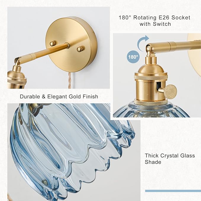 Plug in Wall Sconce, Vintage Sconce Light with Tulip Denim Blue Glass Lampshade, Bedside Wall Sconce with Switch and Plug in Wall Lamp Cord, Gold Wall Light for Bedroom