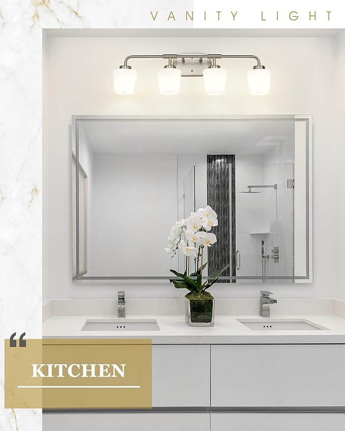 Bathroom Light Fixtures Over Mirror, 4-Light Brushed Nickel Vanity Lighting Fixtures with Milk White Glass, Vintage Farmhouse Wall Sconces Lighting, AD-22004-4W-SN