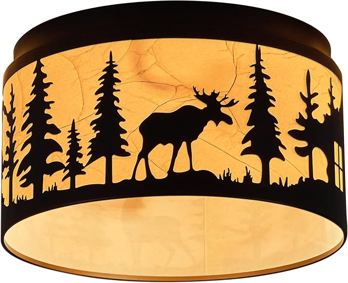 Rustic Flush Mount Ceiling Light with Deer and Bear Elements,2-Light E26 Bulbs Round Metal Parchment Lampshade Fixture for Farmhouse, Kitchen, Bedroom, foyer, and Entryway