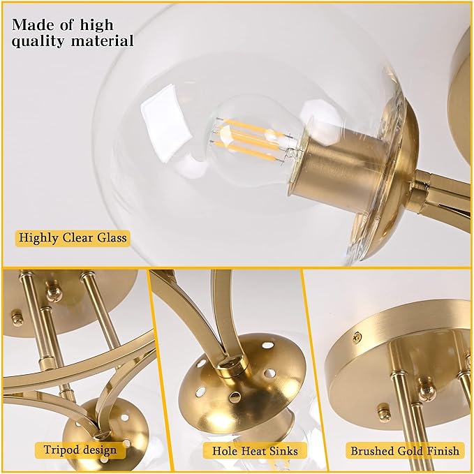 Mid Century Modern Ceiling Light Clear Globe Semi Flush Mount Ceiling Light Gold Sputnik Light Fixture Chandeliers Clear Glass Brushed Brass Chandeliers Living Room Dining Room Bedroom 3 Lights