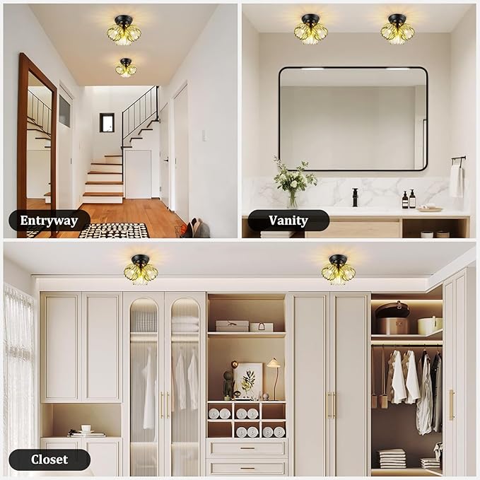 TALOYA Semi Flush Mount Ceiling Light,3-Light Close to Ceiling Light Fixtures with Green Tulip Glass Shades Modern Farmhouse Lighting Fixtures for Hallway Corridor Kitchen Bathroom Bedroom Passway