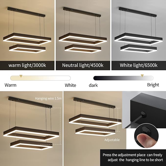 Modern Chandeliers for Living Room, 2-Ring Rectangles Pendant Light Kitchen Island Fixtures, Dimmable LED Chandelier for Dining Room Bedrooms, Black (40CM/60CM)