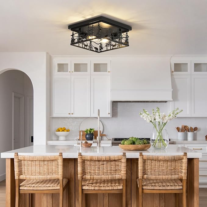 Rustic Industrial Flush Mount Ceiling Light, 11" Black Metal Cabin Design E12 Square Ceiling Light Fixture, for Kitchen, Foyer, Bedroom Farmhouse Lighting (Bulbs Not Included)