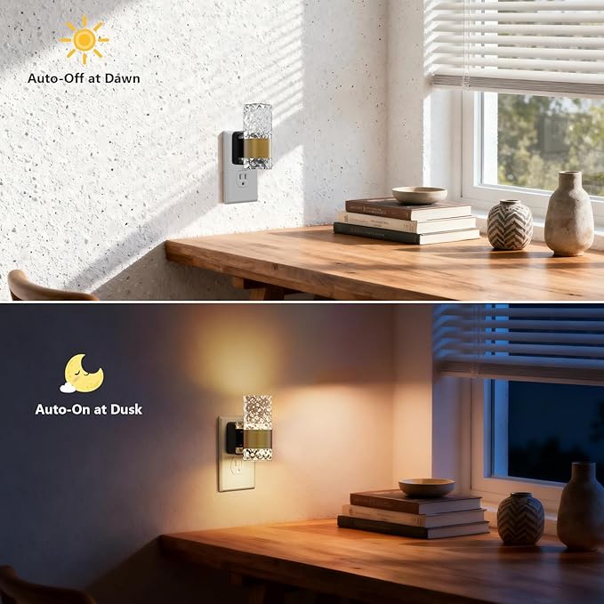 LED Night Lights Plug into Wall 2 Pack, Acrylic Nightlight with Dusk to Dawn Sensor, 0-100LM Stepless Dimmable, 3000K Soft Light, Wall Sconce Night Light Plug in for Bathroom Hallway Room