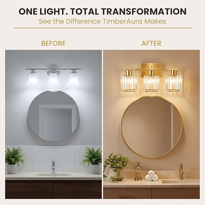 Crystal Bathroom Light Fixtures, 3-Light Brushed Gold, Vanity Lights for Bathroom Over Mirror, Modern Bath Wall Sconce for Mirror Bedroom Living Room