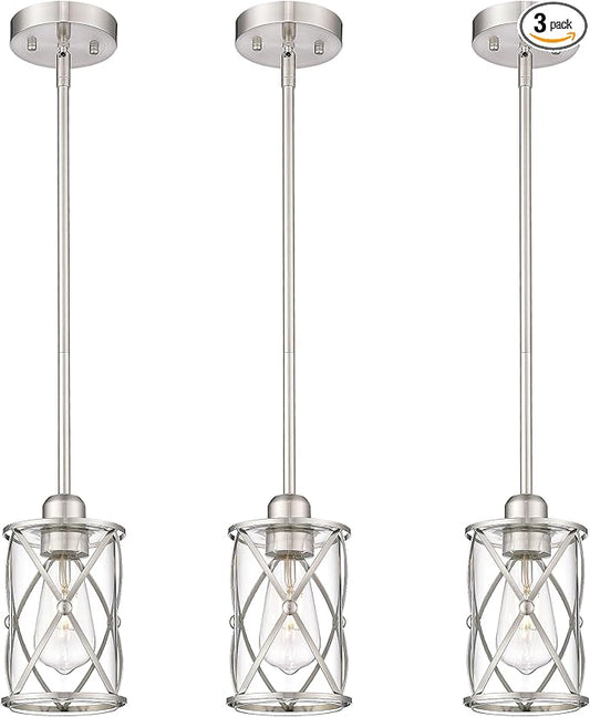 Brushed Nickel Pendant Lights Kitchen Island 3 Pack, Glass Kitchen Pendant Lighting Over Island with Rod, Modern Mini Hanging Light for Kitchen Sink Dining Room, CH9176BN-3PK