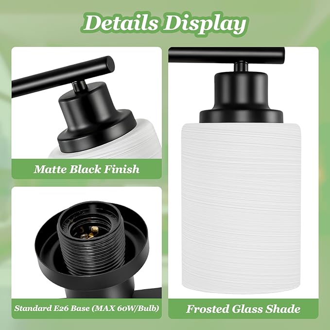 3-Light Bathroom Light Fixtures, Black Vanity Lights for Mirror with Textured Milky White Glass Shade, E26 Base Modern Kitchen Light Fixtures Wall Sconce Light