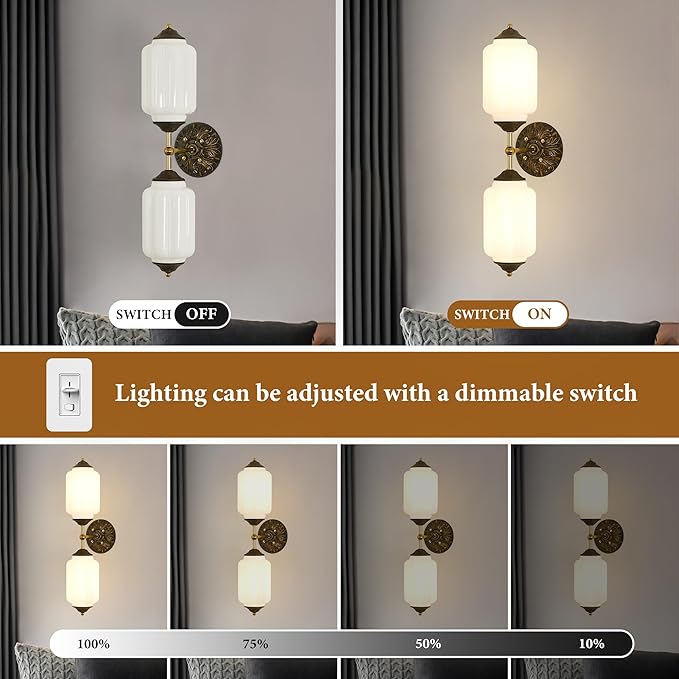 Vintage Milk Glass Bathroom Wall Sconce - 25" Mid Century Dimmable Vanity Light with Bulb - Vertical or Horizontal Mounted Sconces - Modern Brass Gold Lighting Fixture for Indoor Bedroom Hallway Decor