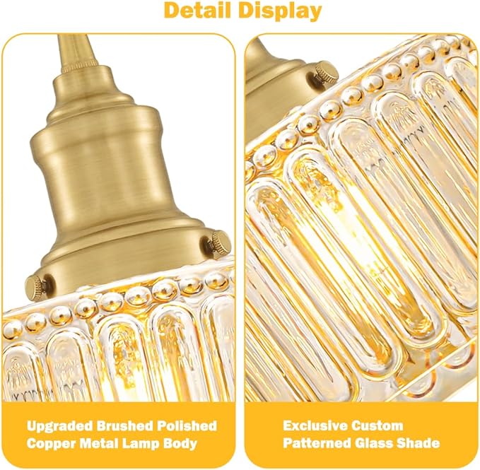 Vintage Pendant Light with Amber Striped Glass Lmapshade, Gold Pendant Lights Kitchen Island, Brass Kitchen Pendant Lighting over Island, Adjustable Hanging Light for Entrance Bathroom Dining Room