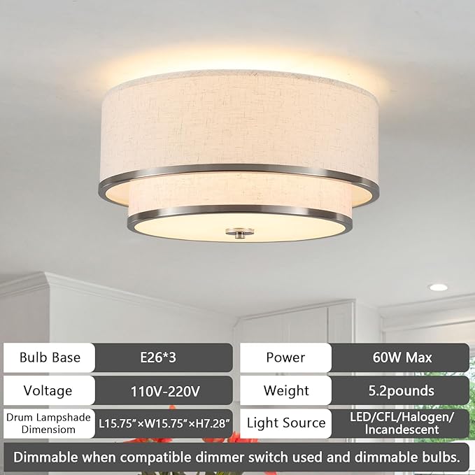 Luupyia 15.75 Inches Fabric Drum Ceiling Light, 3-Lights White Simple Semi Flush Mount Ceiling Lights with Double Fabric Shade, Drum Overhead Lighting for Bedroom Hallway Living Room E26, 60W